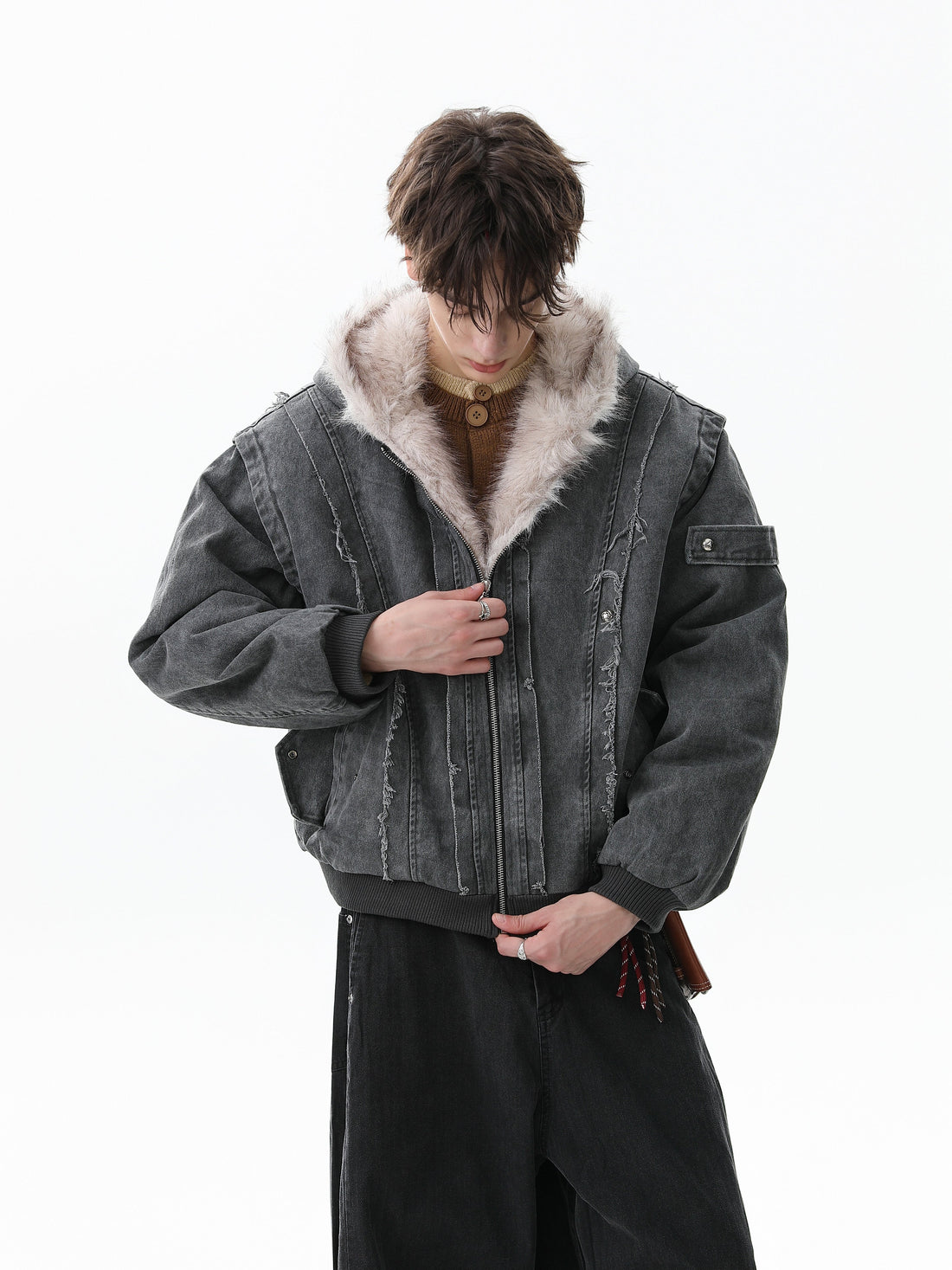 Omirad Washed Shearling-Lined Denim Hooded Jacket
