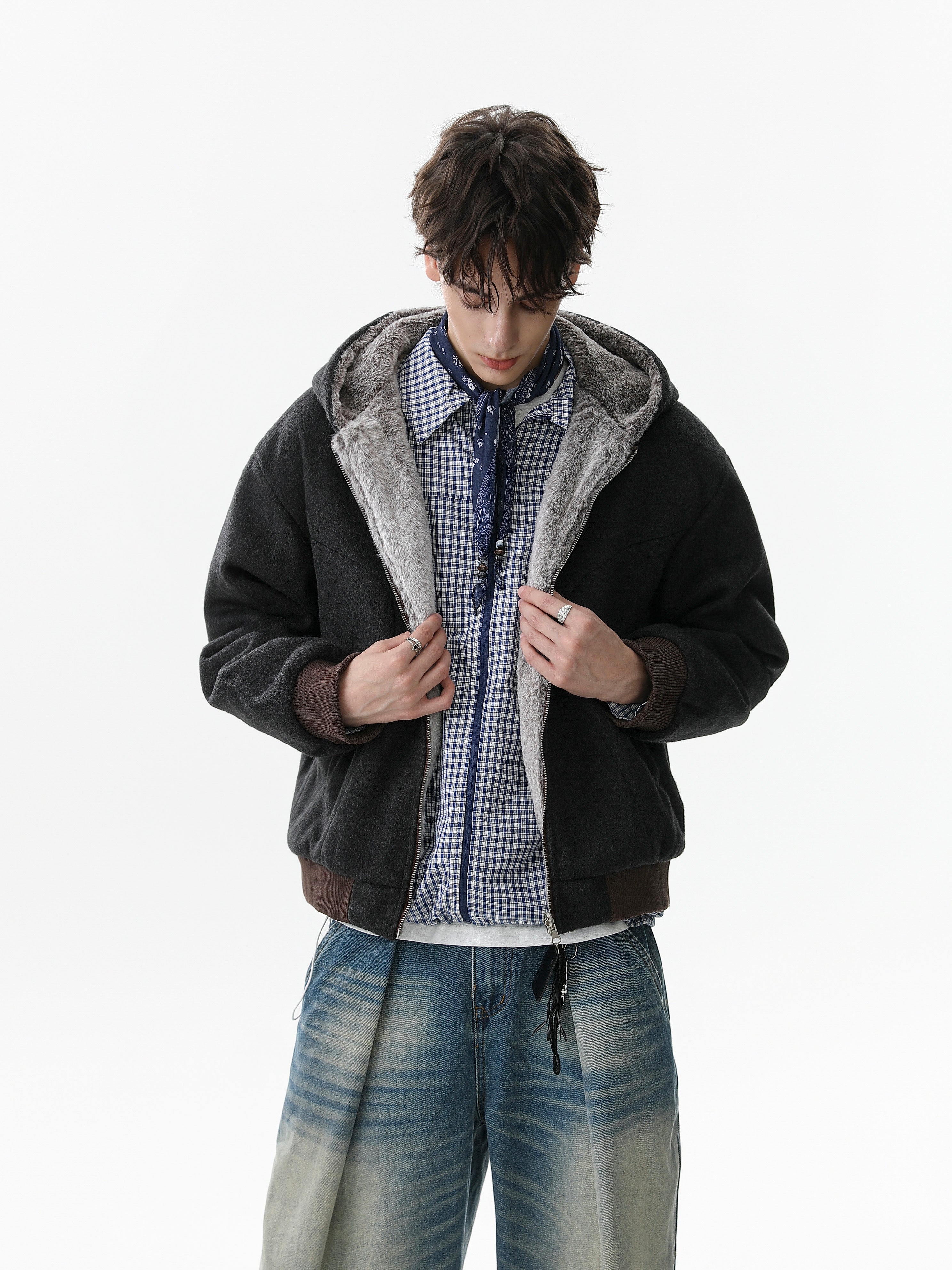 Omirad Wool Blend Fleece Hooded Bomber Jacket