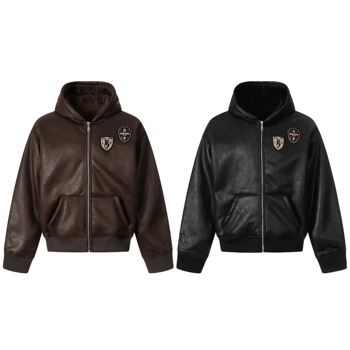 Omirad Badge PU Leather Hooded Jacket