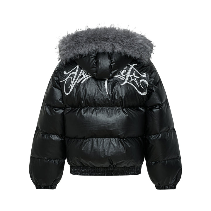 Omirad Shiny Fur-Trim Embroidered Puffer Jacket