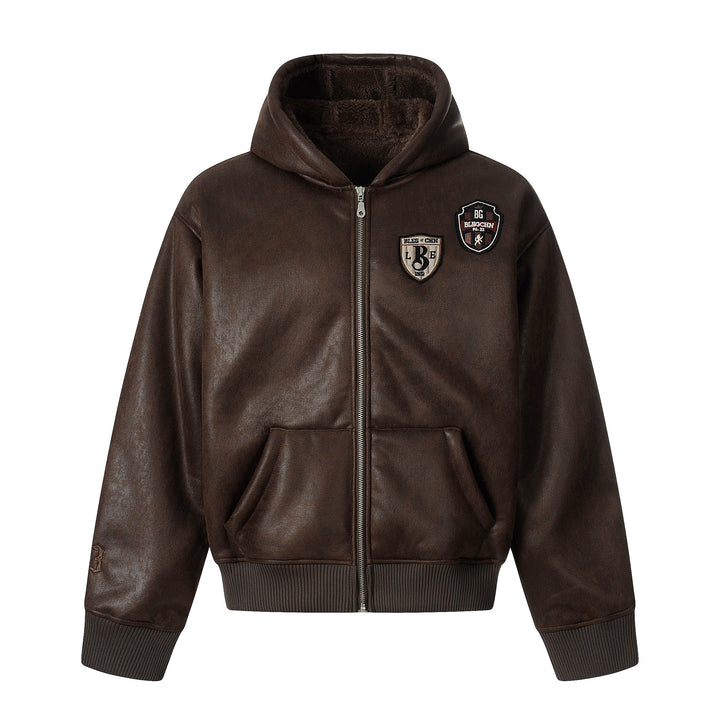 Omirad Badge PU Leather Hooded Jacket