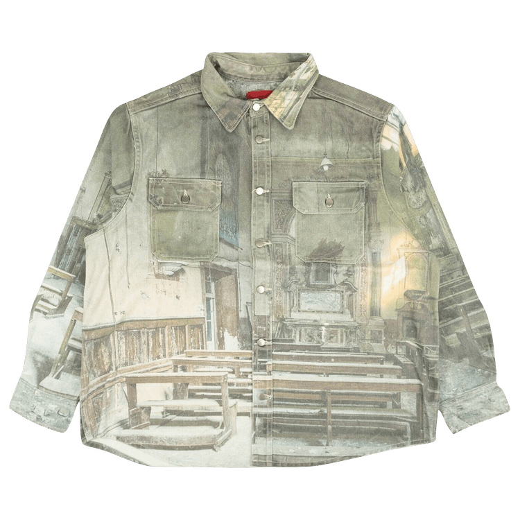 424 Photo Print Denim Button Down Shirt 'Green'