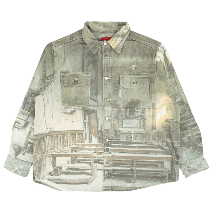 424 Photo Print Denim Button Down Shirt 'Green'