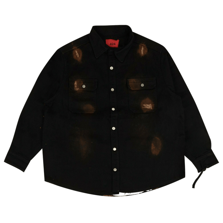 424 Distressed Workwear Denim Shirt 'Black/Brown'